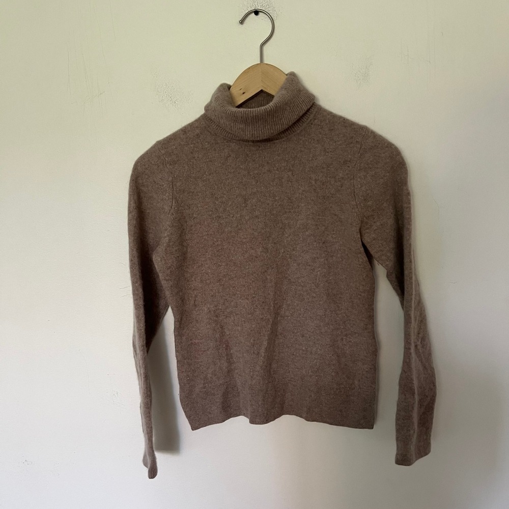 Tahari Pure Luxe 100% 2-Ply Cashmere Turtleneck Sweater Taupe Brown Small